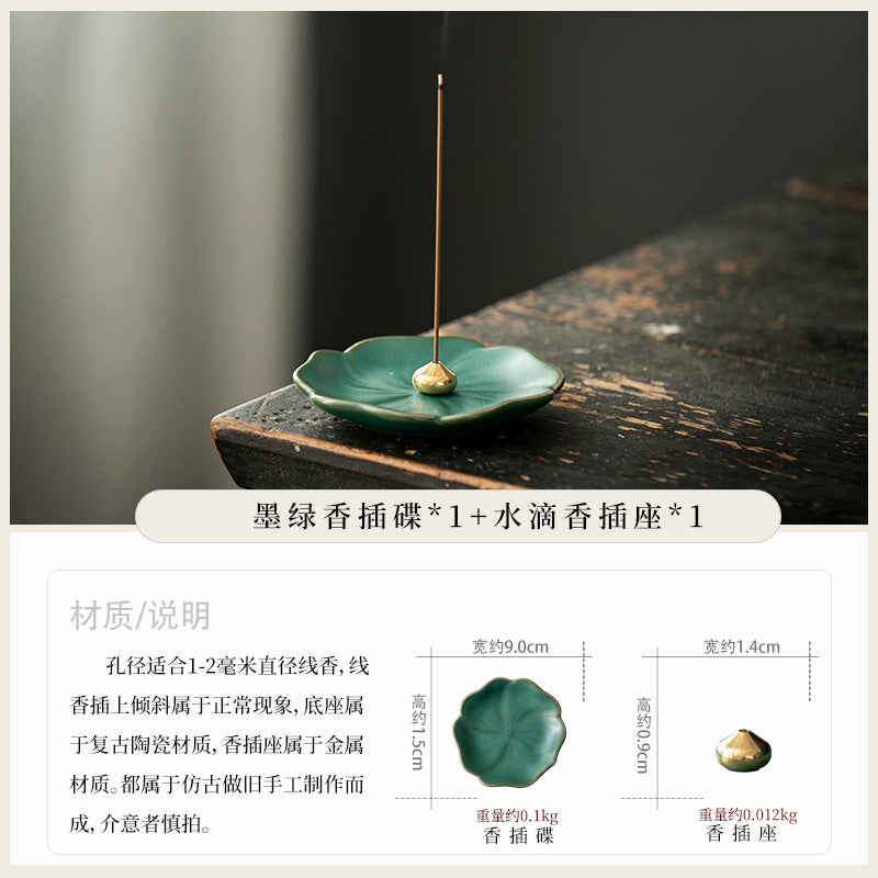 Authentic Zen Water-Drop Ceramic Stick Incense Holder & Ash Saucer - Teaware Accessories