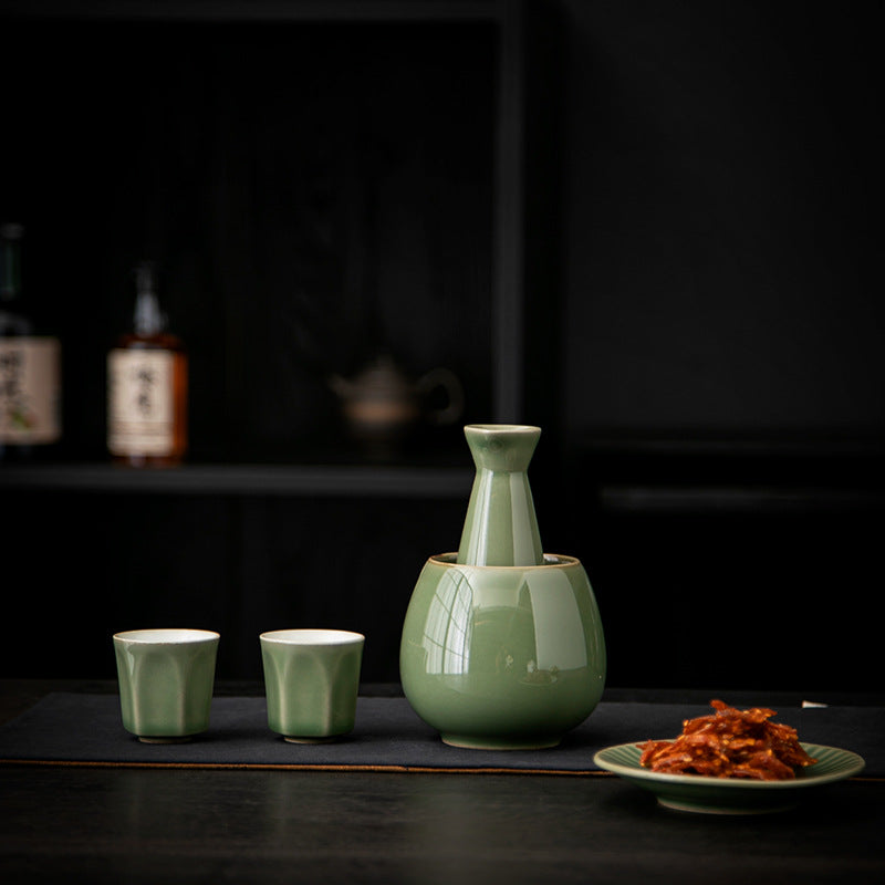 Authentic Ceramic Wine Warmer Flask & Cups Set - Complete Chinese Liquor Serving Suite