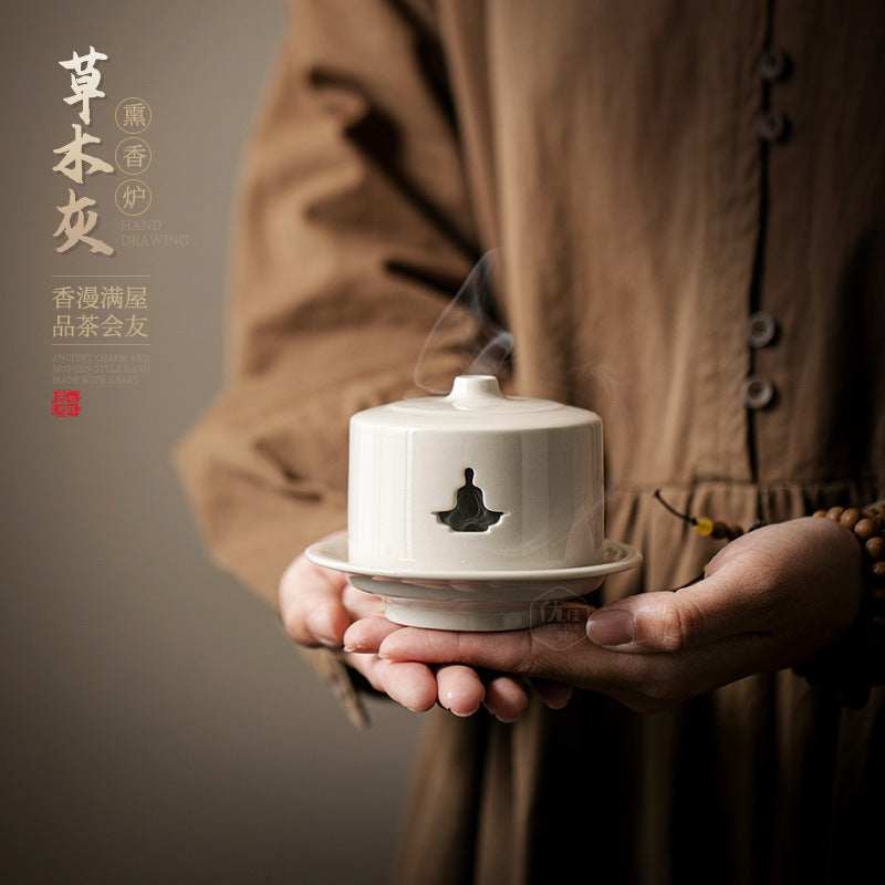 Authentic Plant-Ash Glaze Antique Ceramic Coil Censer Incense Burner - 12cm Teaware Accessories