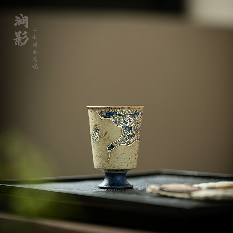 Authentic Vintage Blue & White Peony Aroma High-Stem Master Teacup - 75ml Gongfu Cup