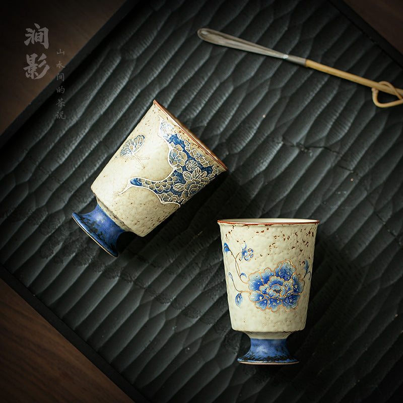 Authentic Vintage Blue & White Peony Aroma High-Stem Master Teacup - 75ml Gongfu Cup