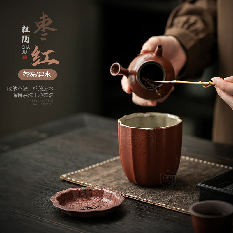 Authentic Jujube Red Ceramic Covered Jianshui Tea Waste Basin - 800ml Teaware Accessories