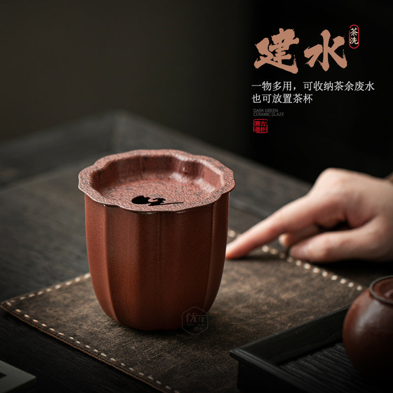 Authentic Jujube Red Ceramic Covered Jianshui Tea Waste Basin - 800ml Teaware Accessories