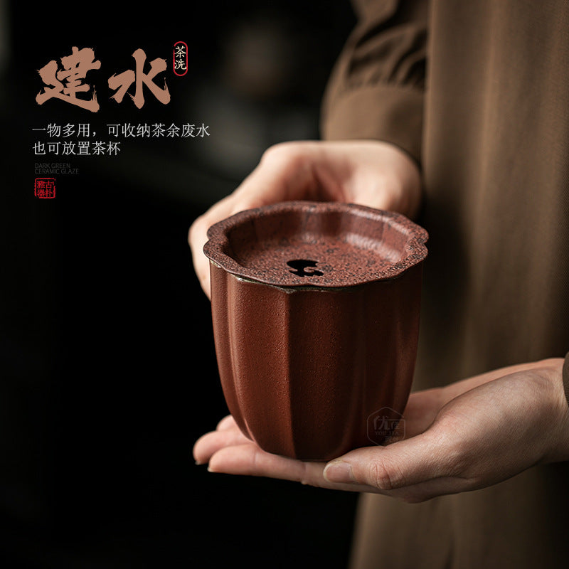 Authentic Jujube Red Ceramic Covered Jianshui Tea Waste Basin - 800ml Teaware Accessories