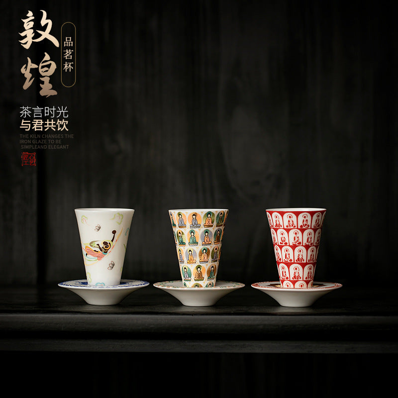 Authentic Dunhuang Thousand Buddhas Ceramic Master Teacup with Coaster - 85ml Gongfu Cup