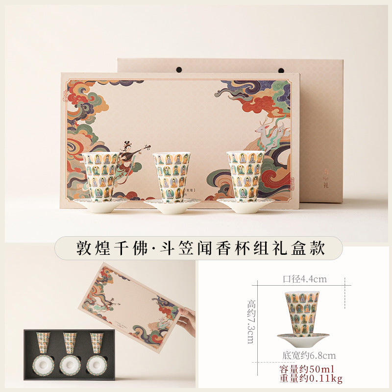 Authentic Dunhuang Thousand Buddhas Ceramic Master Teacup with Coaster - 85ml Gongfu Cup