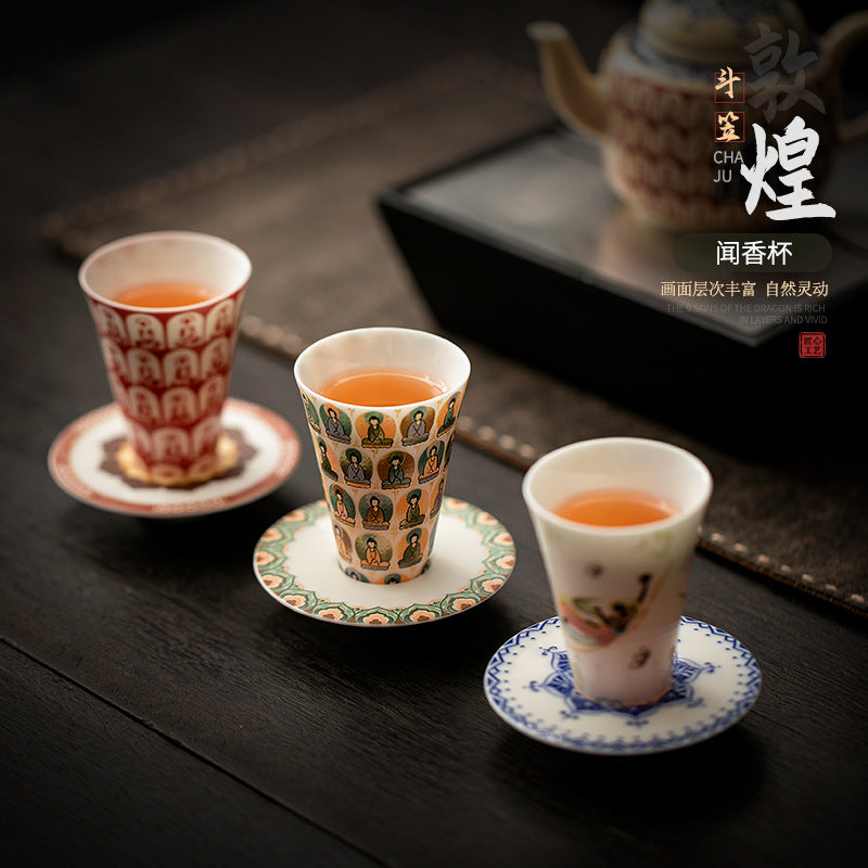 Authentic Dunhuang Thousand Buddhas Ceramic Master Teacup with Coaster - 85ml Gongfu Cup
