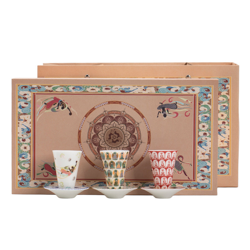 Authentic Dunhuang Thousand Buddhas Ceramic Master Teacup with Coaster - 85ml Gongfu Cup