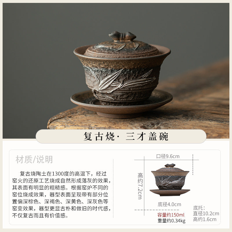 Authentic Coarse Stoneware Large San Cai Gaiwan Steeper - 190ml Vintage Tea Bowl