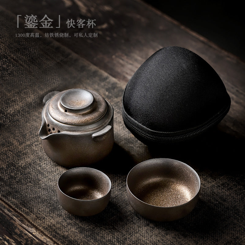 Authentic Coarse Stoneware Quick Kuai Ke Portable Travel Tea Set - 1 Pot + 2 Cups with Travel Case