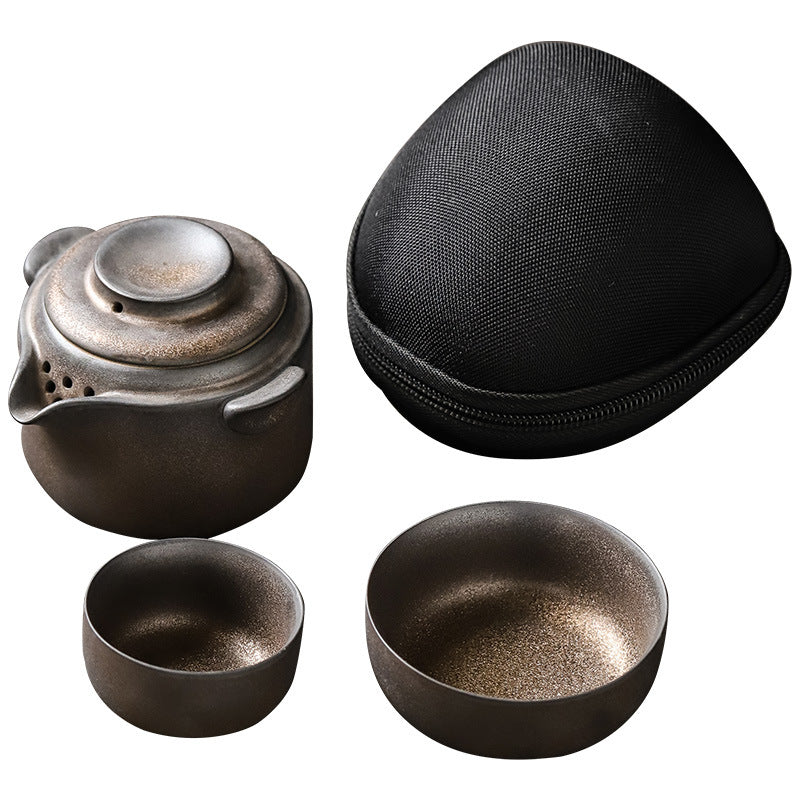 Authentic Coarse Stoneware Quick Kuai Ke Portable Travel Tea Set - 1 Pot + 2 Cups with Travel Case