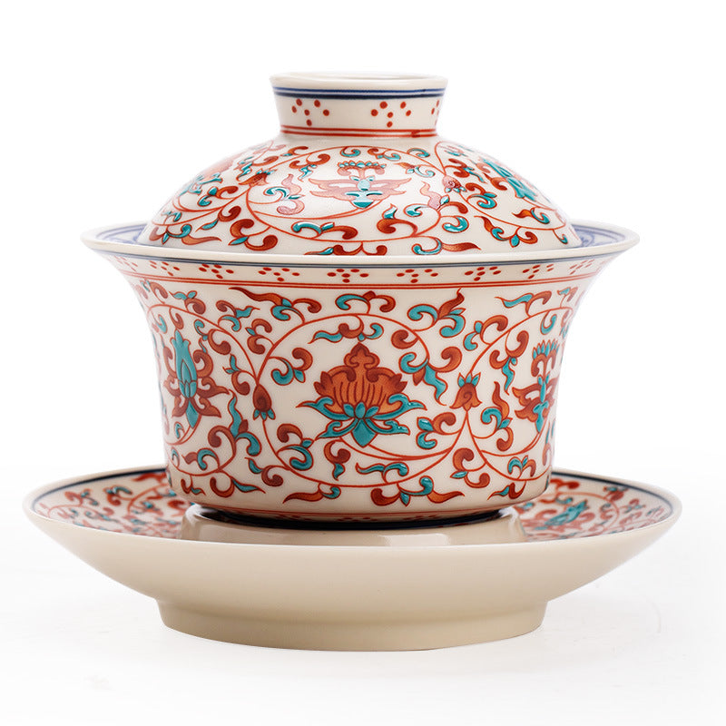 Authentic Jingdezhen Hand-Painted Fencai Interlocking Lotus Hovering Sancai Gaiwan Tea Bowl - 160ml