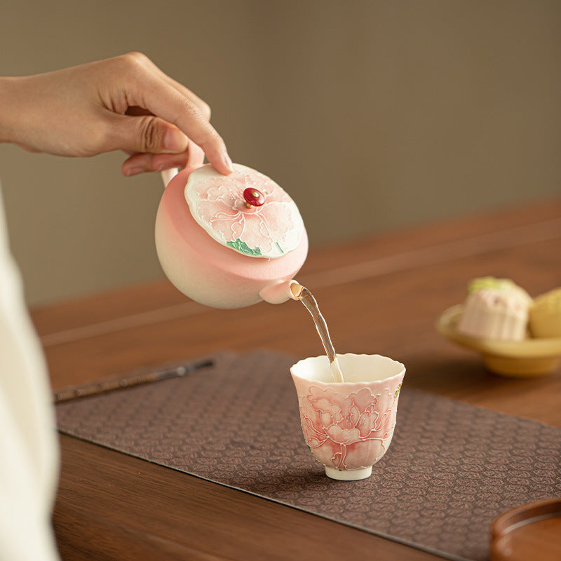 Authentic Jingdezhen Hand-Painted Gradient Peony Ceramic Teapot - 185ml Gongfu Steeping Teapot