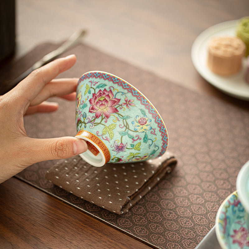 Authentic Jingdezhen Antique Enamel Lotus Conical Hat Ceramic Master Teacup - 65ml Anti-Scald Cup
