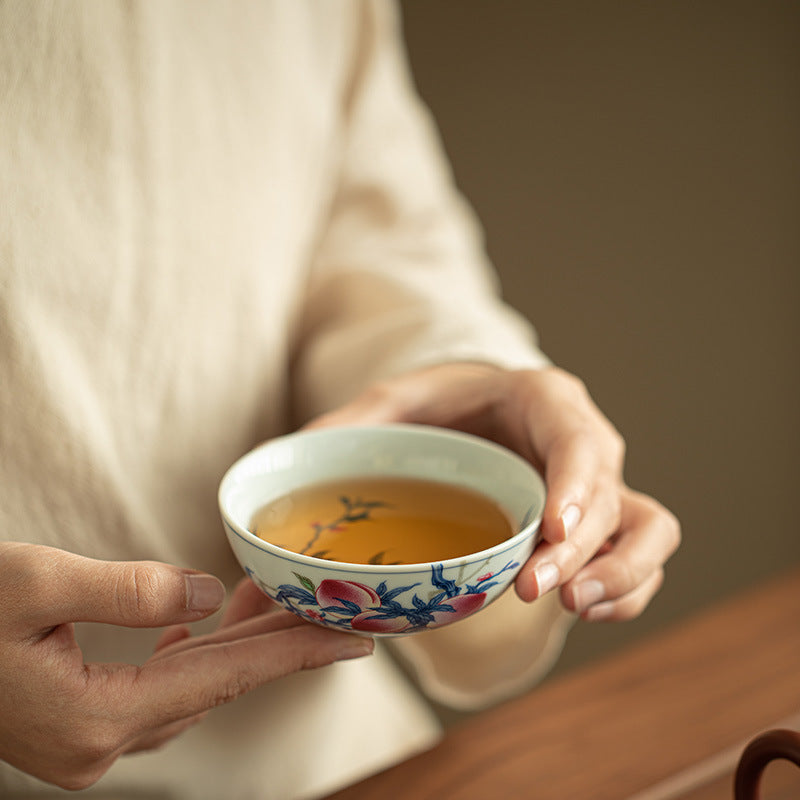 Authentic Jingdezhen Famille-Rose Nine Peaches Antique Celadon Flared Teacup - 85ml Master Cup