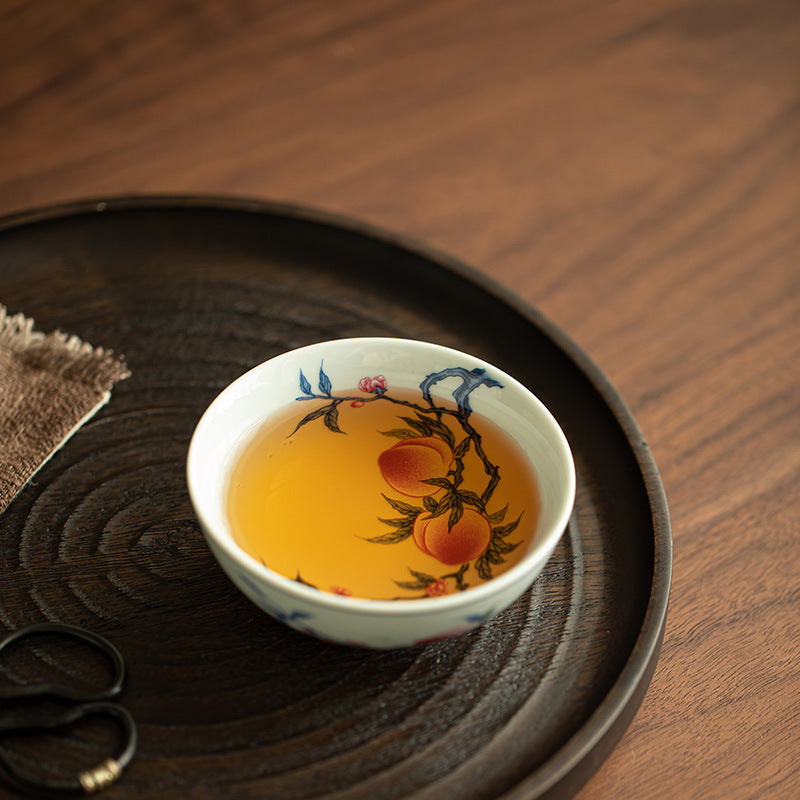 Authentic Jingdezhen Famille-Rose Nine Peaches Antique Celadon Flared Teacup - 85ml Master Cup