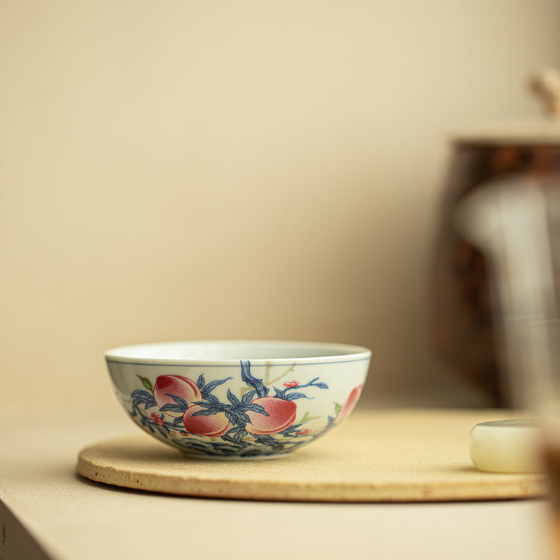 Authentic Jingdezhen Famille-Rose Nine Peaches Antique Celadon Flared Teacup - 85ml Master Cup