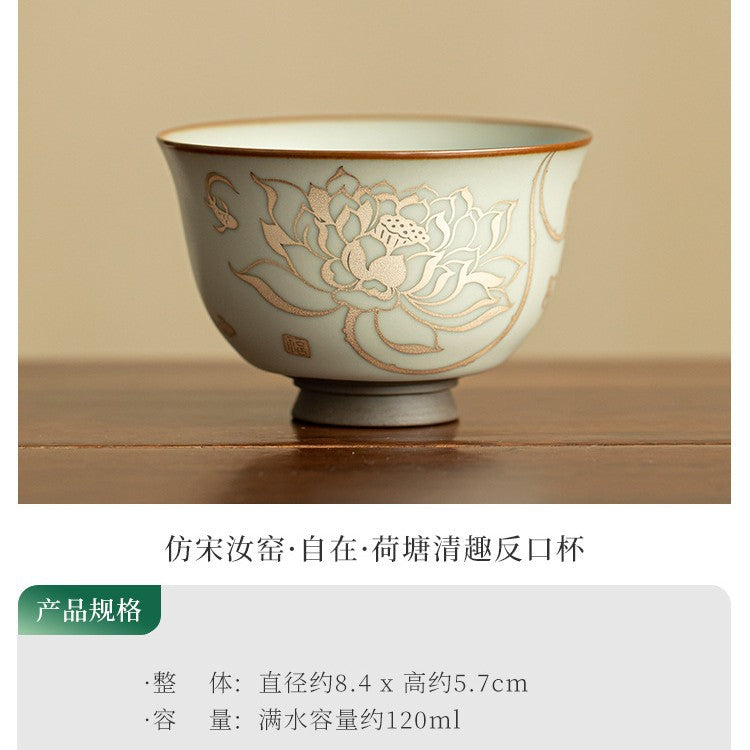 Authentic Ru Ware Celadon Lotus Pond Flared-Rim Master Teacup - 85ml Gongfu Teacup