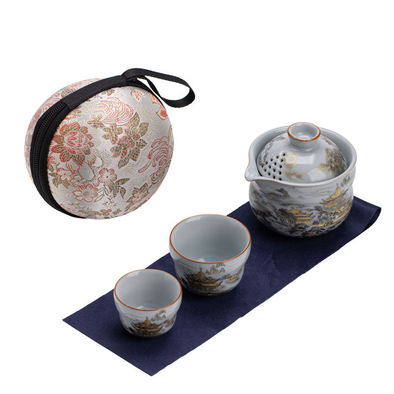 Authentic Song-Style Ru Ware Celadon Gourd Portable Travel Tea Set - Luxury Camping Gift Box