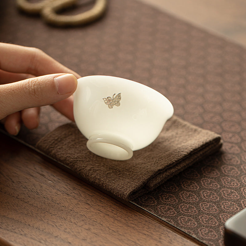 Handcrafted Dehua Ice Mutton Fat Jade Silver-Stapled Butterfly Conical Master Teacup - 75ml Gongfu Teacup