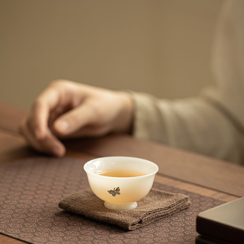 Handcrafted Dehua Ice Mutton Fat Jade Silver-Stapled Butterfly Conical Master Teacup - 75ml Gongfu Teacup