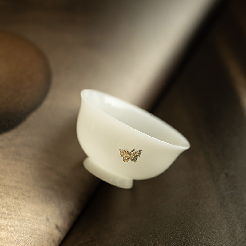 Handcrafted Dehua Ice Mutton Fat Jade Silver-Stapled Butterfly Conical Master Teacup - 75ml Gongfu Teacup