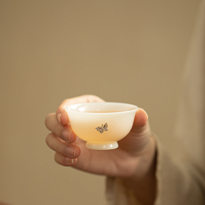 Handcrafted Dehua Ice Mutton Fat Jade Silver-Stapled Butterfly Conical Master Teacup - 75ml Gongfu Teacup
