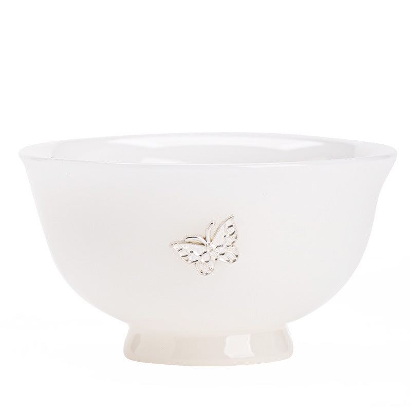 Handcrafted Dehua Ice Mutton Fat Jade Silver-Stapled Butterfly Conical Master Teacup - 75ml Gongfu Teacup