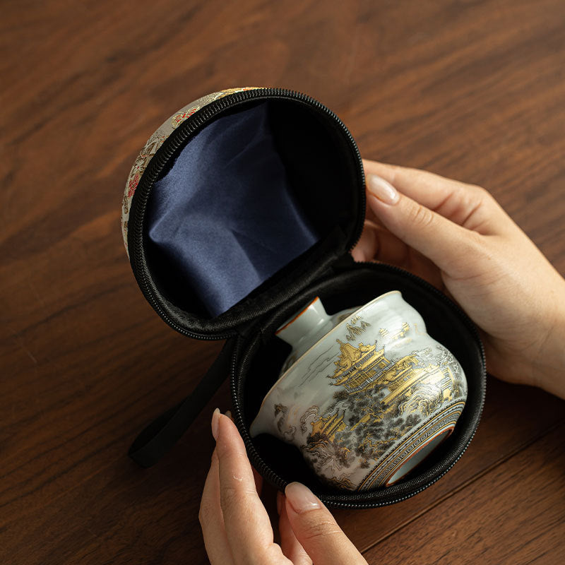 Authentic Song-Style Ru Ware Celadon Gourd Portable Travel Tea Set - Luxury Camping Gift Box