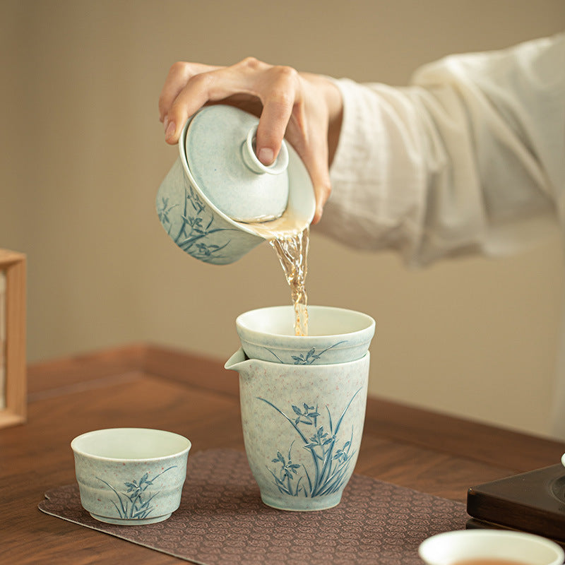 Authentic Jingdezhen Hand-Painted Soda-Fired Snow Orchid Ceramic Tea Strainer Set