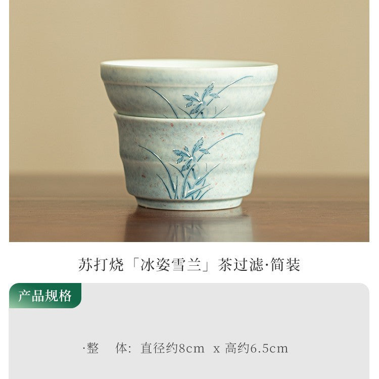 Authentic Jingdezhen Hand-Painted Soda-Fired Snow Orchid Ceramic Tea Strainer Set