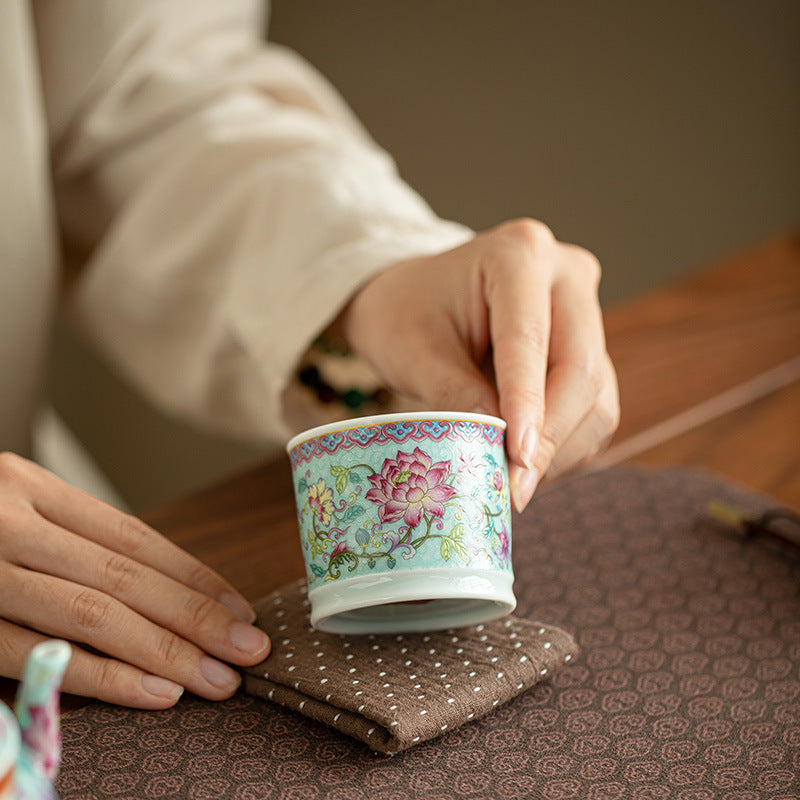 Authentic Jingdezhen Antique Enamel Lotus Bloom Ceramic Master Teacup - 80ml Gongfu Tasting Cup