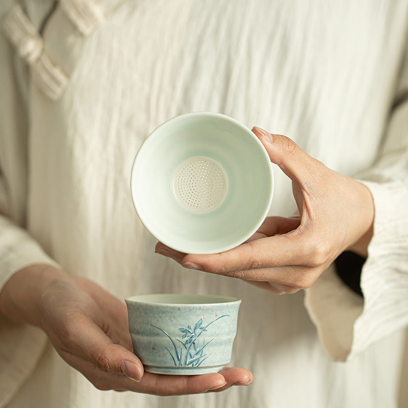 Authentic Jingdezhen Hand-Painted Soda-Fired Snow Orchid Ceramic Tea Strainer Set