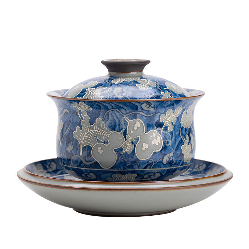 Authentic Jingdezhen Ru Ware Yuan Blue & White Hovering Ingot Sancai Gaiwan Tea Bowl - 160ml