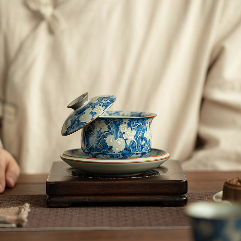 Authentic Jingdezhen Ru Ware Yuan Blue & White Hovering Ingot Sancai Gaiwan Tea Bowl - 160ml