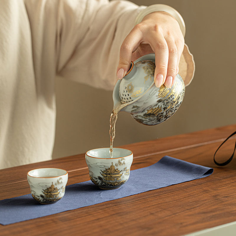 Authentic Song-Style Ru Ware Celadon Gourd Portable Travel Tea Set - Luxury Camping Gift Box
