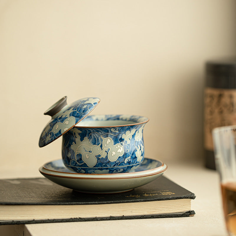 Authentic Jingdezhen Ru Ware Yuan Blue & White Hovering Ingot Sancai Gaiwan Tea Bowl - 160ml