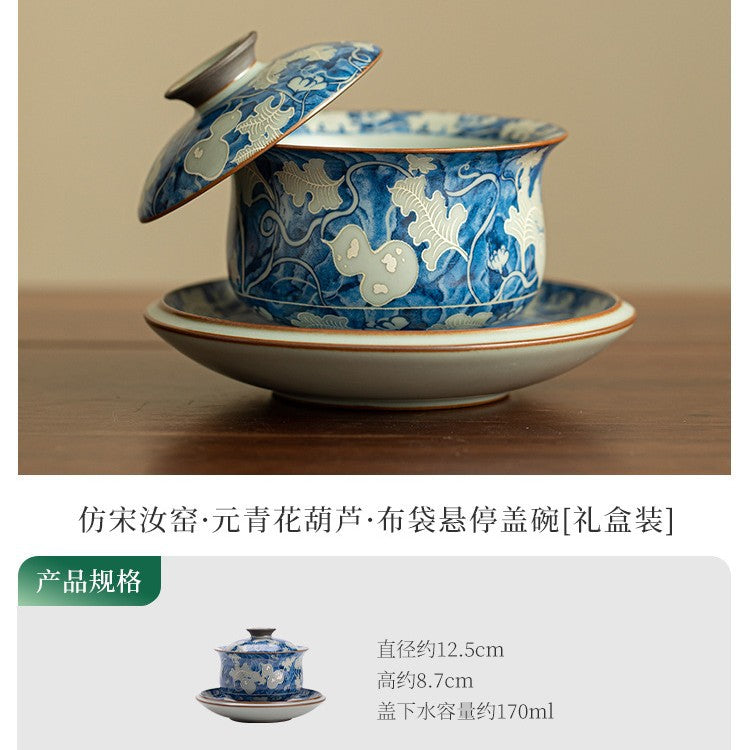 Authentic Jingdezhen Ru Ware Yuan Blue & White Hovering Ingot Sancai Gaiwan Tea Bowl - 160ml