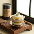 Authentic Jingdezhen Ru Ware Enamel Gold & Jade Hall San Cai Gaiwan - 165ml Luxury Tea Bowl