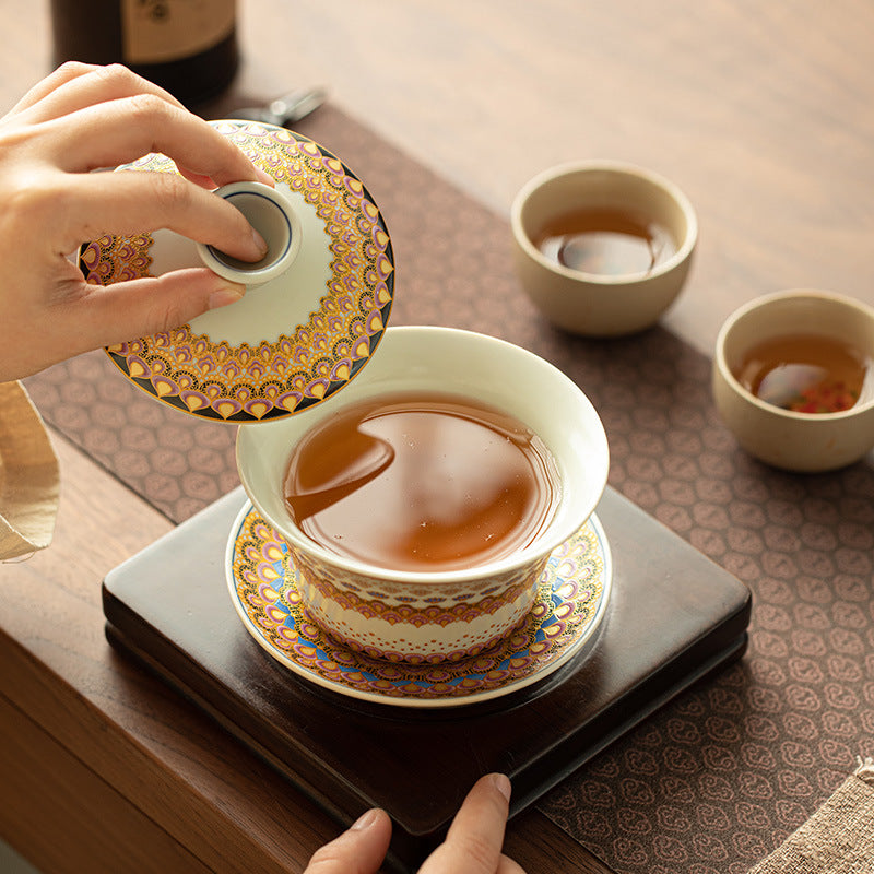 Authentic Jingdezhen Ru Ware Enamel Gold & Jade Hall San Cai Gaiwan - 165ml Luxury Tea Bowl