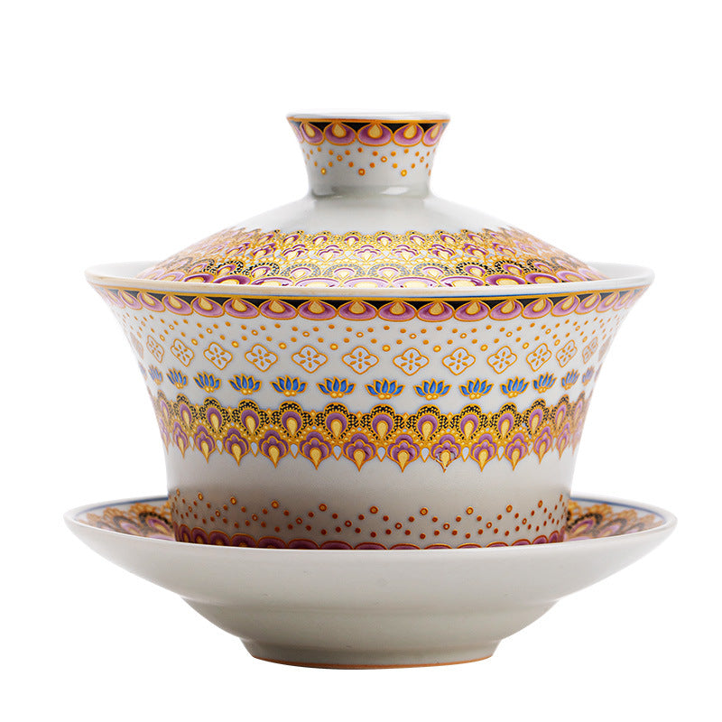 Authentic Jingdezhen Ru Ware Enamel Gold & Jade Hall San Cai Gaiwan - 165ml Luxury Tea Bowl