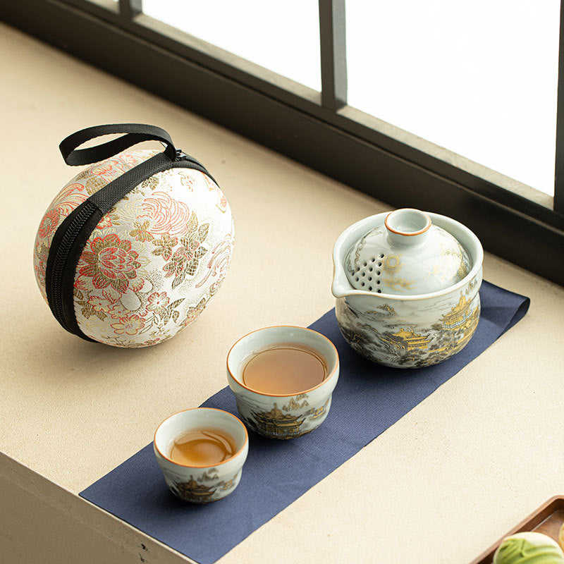 Authentic Song-Style Ru Ware Celadon Gourd Portable Travel Tea Set - Luxury Camping Gift Box