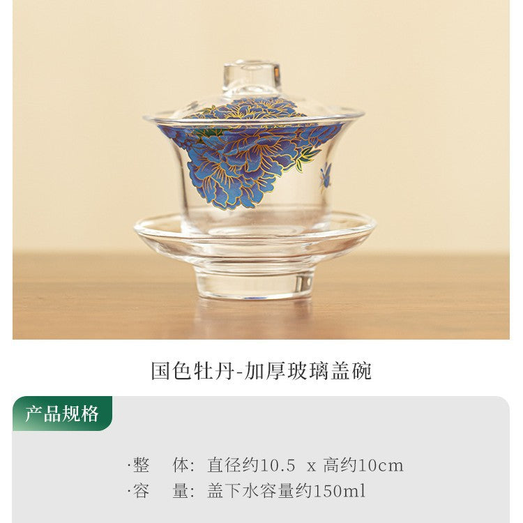 Thickened Crystal-Textured Borosilicate Glass San Cai Gaiwan - 170ml Summer Green Tea Bowl