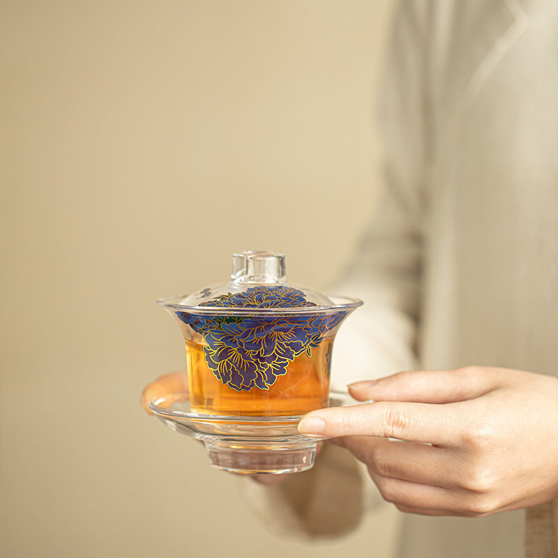 Thickened Crystal-Textured Borosilicate Glass San Cai Gaiwan - 170ml Summer Green Tea Bowl