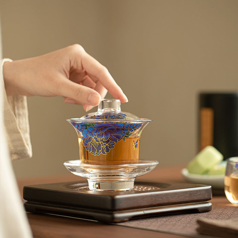 Thickened Crystal-Textured Borosilicate Glass San Cai Gaiwan - 170ml Summer Green Tea Bowl