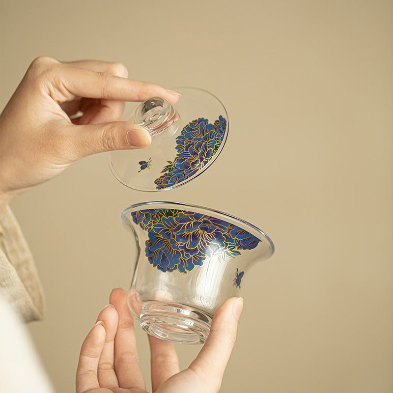 Thickened Crystal-Textured Borosilicate Glass San Cai Gaiwan - 170ml Summer Green Tea Bowl