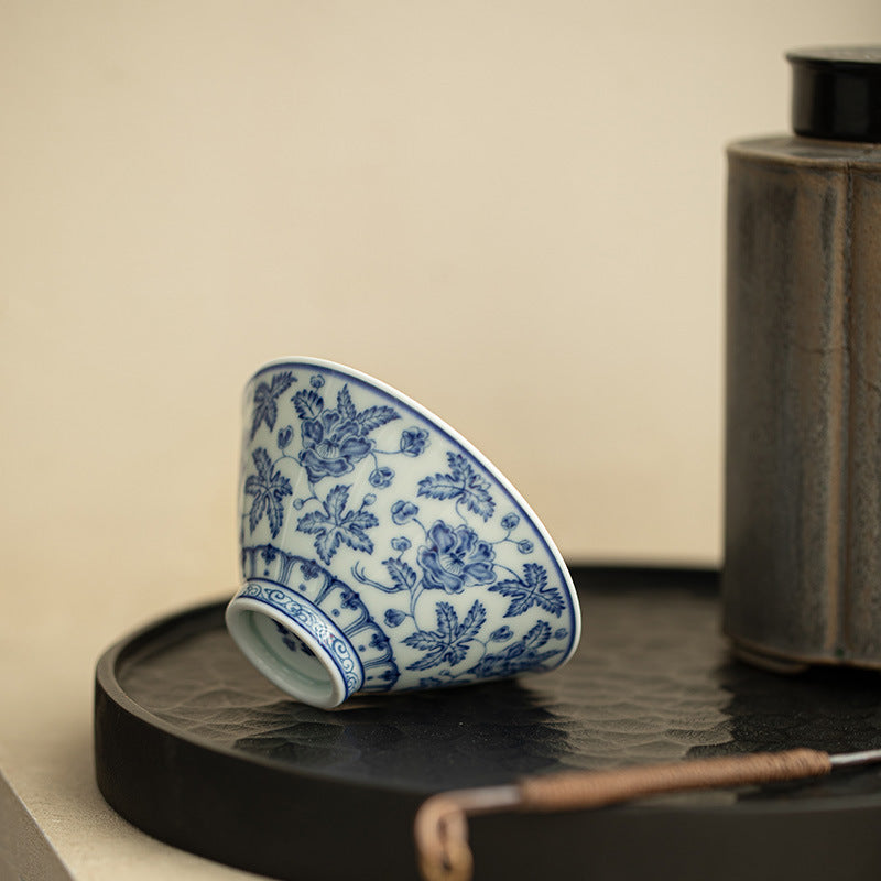 Authentic Jingdezhen Antique Blue & White Conical Hat Ceramic Master Teacup - 65ml Gongfu Cup