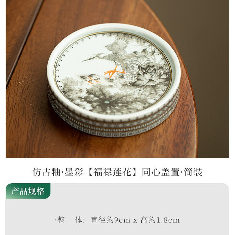 Authentic Jingdezhen Ink Enamel Fortune Lotus Ceramic Lid Rest & Teacup Coaster - Teaware Accessories