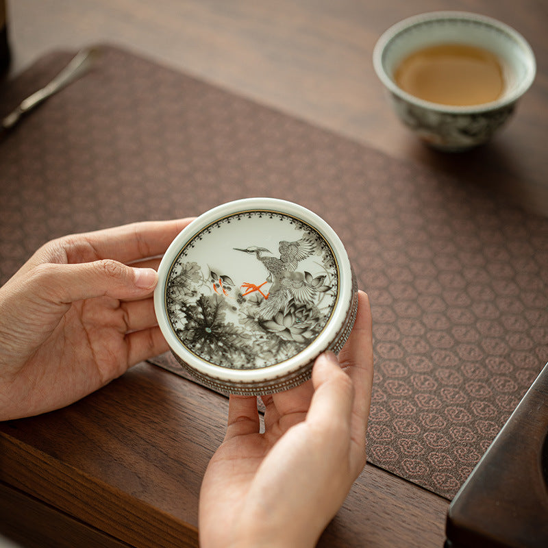 Authentic Jingdezhen Ink Enamel Fortune Lotus Ceramic Lid Rest & Teacup Coaster - Teaware Accessories