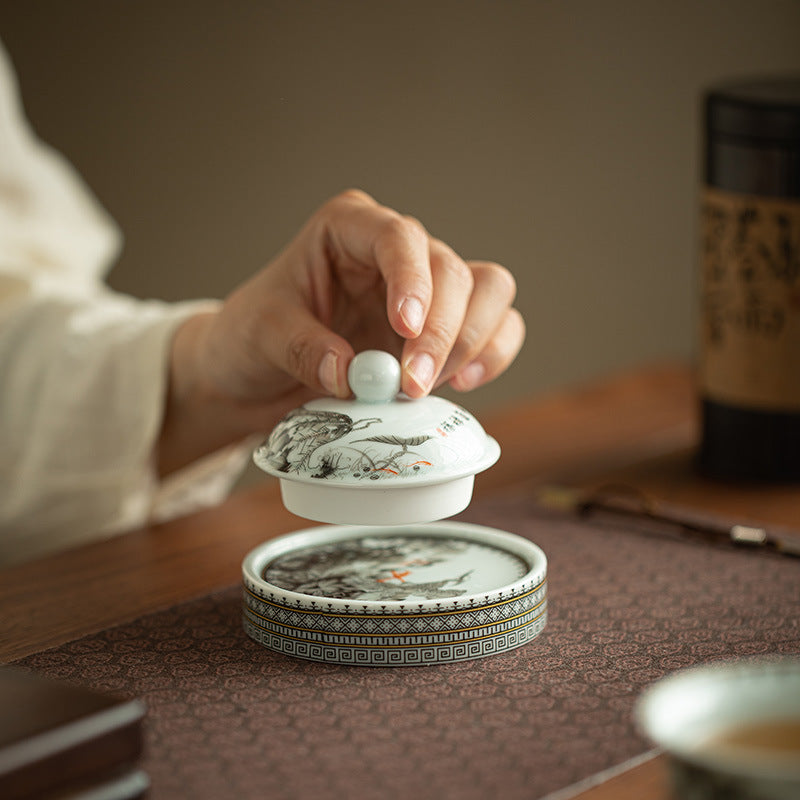 Authentic Jingdezhen Ink Enamel Fortune Lotus Ceramic Lid Rest & Teacup Coaster - Teaware Accessories